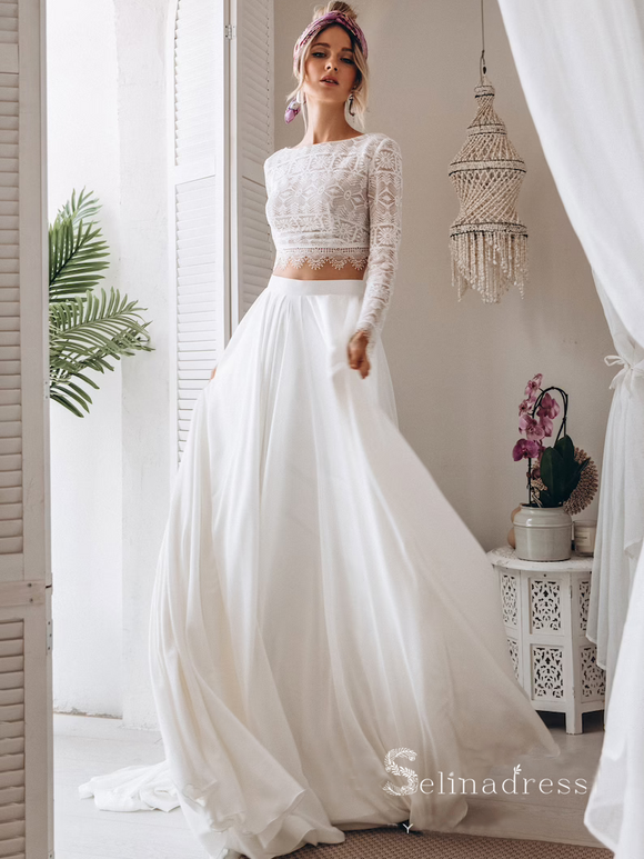 Casual Style Long Sleeve Lace Crop Top Boho Two Piece Wedding Dresses  Two  piece wedding dress, Wedding gowns with sleeves, Long sleeve wedding
