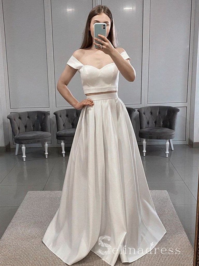 Chic Two Pieces Off-the-shoulder Prom Dresses Satin Prom Dress Evening Dress CBD236|Selinadress