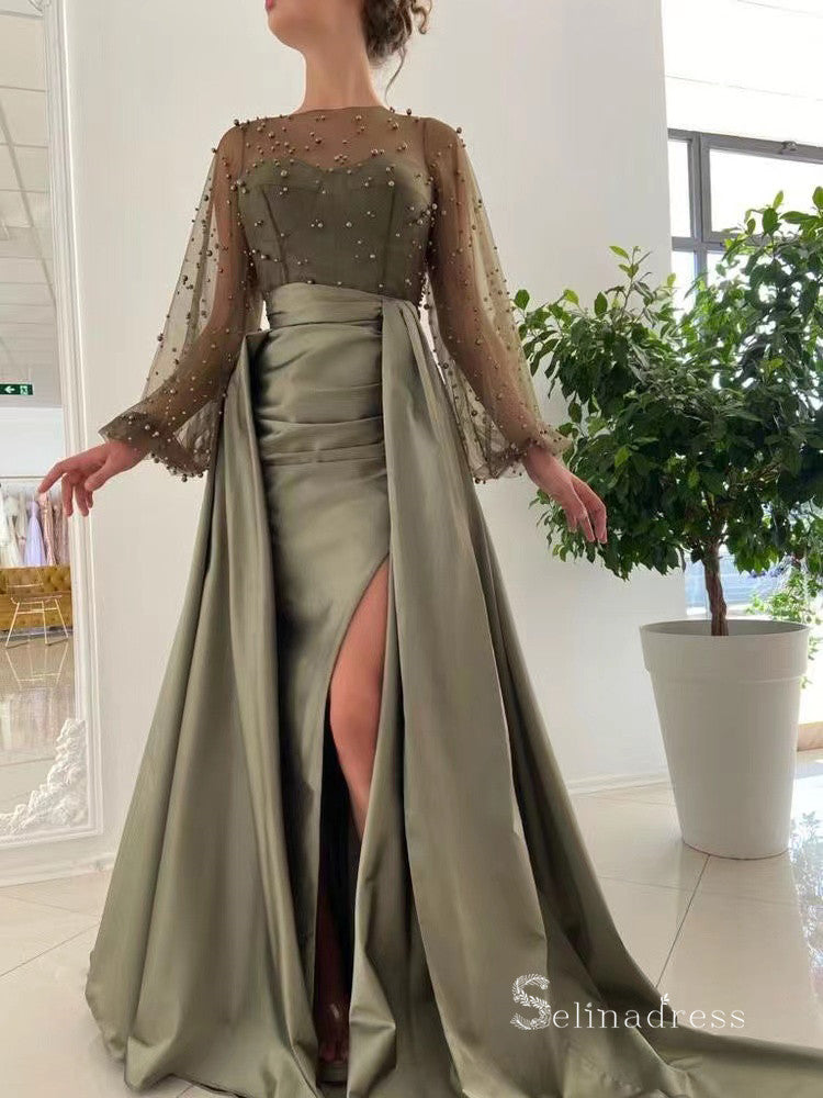 Chic Unique Bateau Long Sleeve Prom Dresses Beaded Satin Evening Dresses MLH1996|Selinadress