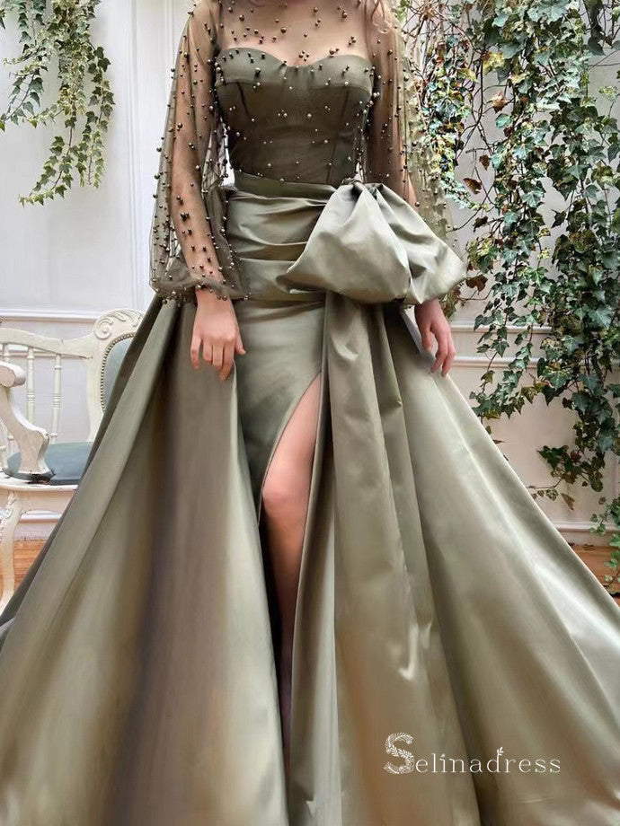 Chic Unique Bateau Long Sleeve Prom Dresses Beaded Satin Evening Dresses MLH1996|Selinadress