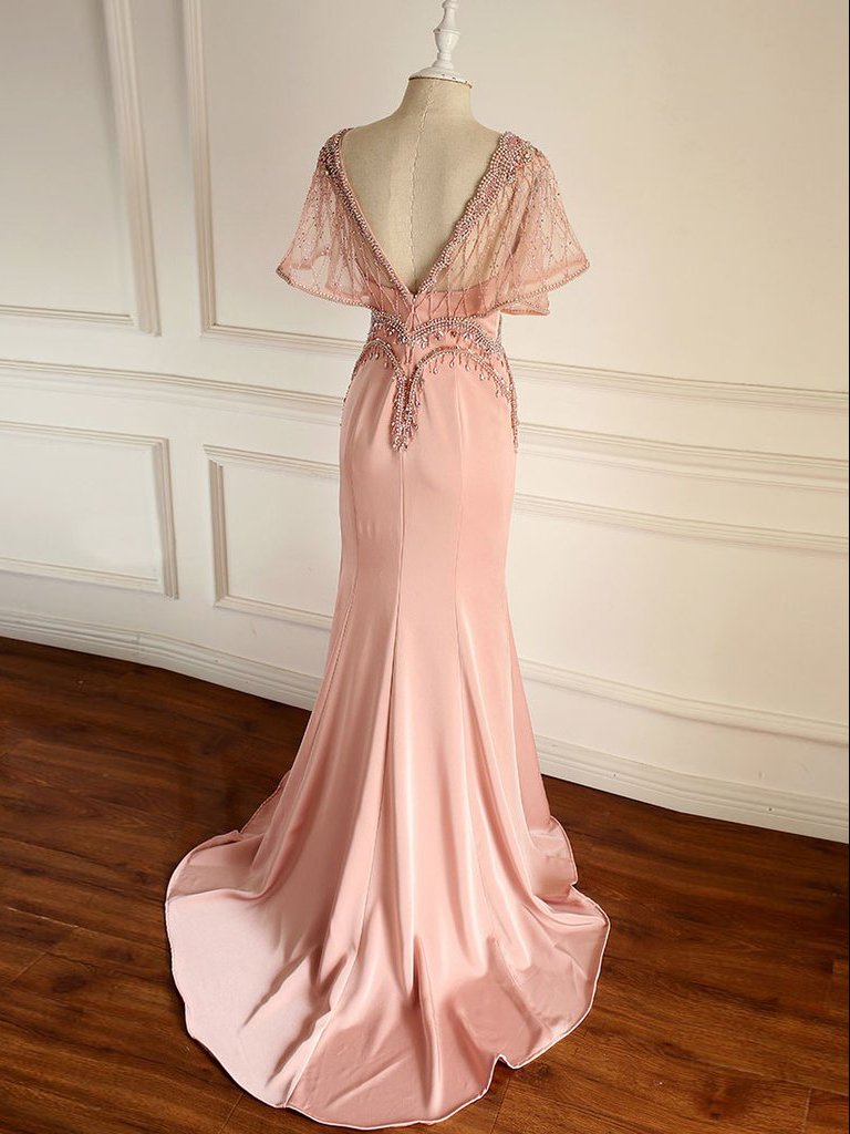 Chic V neck Mermaid  Long Prom Dress Pink Beaded Party Dress #SED154