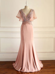 Chic V neck Mermaid  Long Prom Dress Pink Beaded Party Dress #SED154