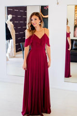 Burgundy Chiffon Long Prom Dress with Flounced Neckline SDE015