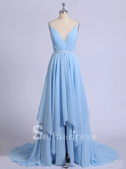 Thigh Split Sky Blue Rustic Wedding Dresses Prom Dress Beach Wedding Gown with Court Train SE009|Selinadress