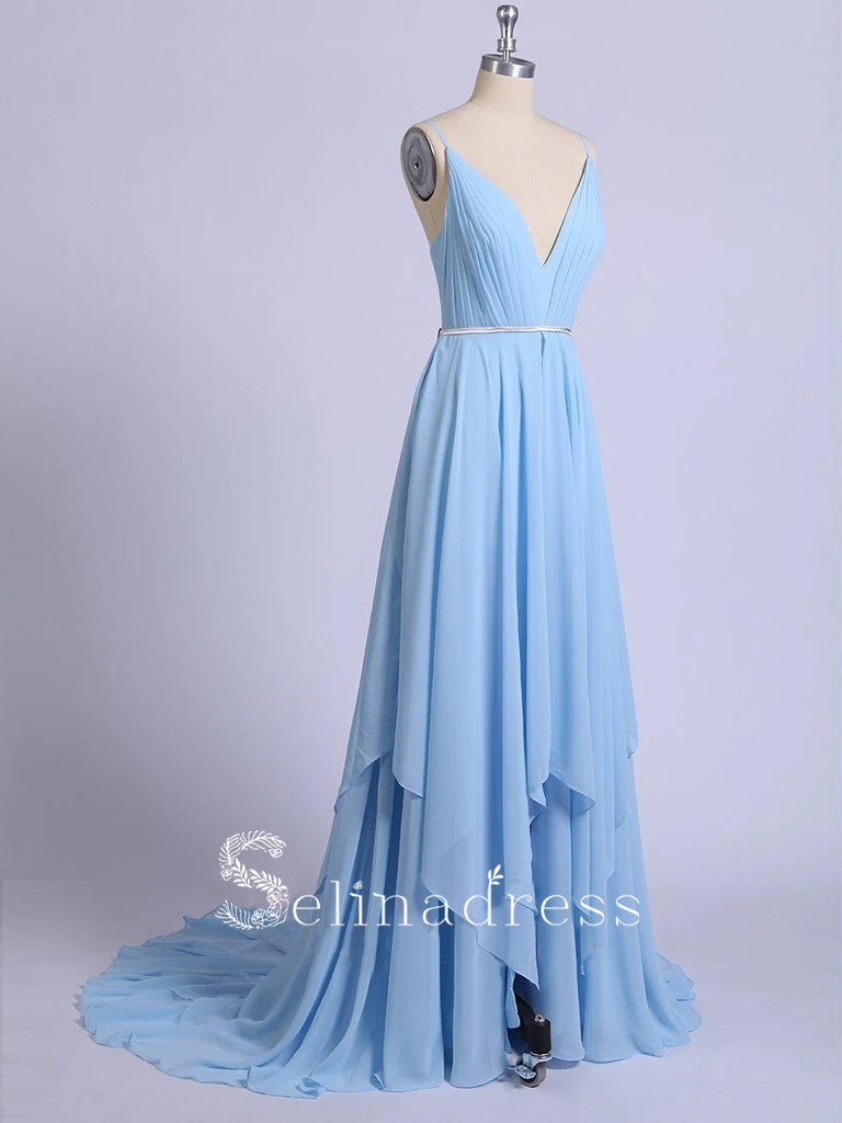 Thigh Split Sky Blue Rustic Wedding Dresses Prom Dress Beach Wedding Gown with Court Train SE009