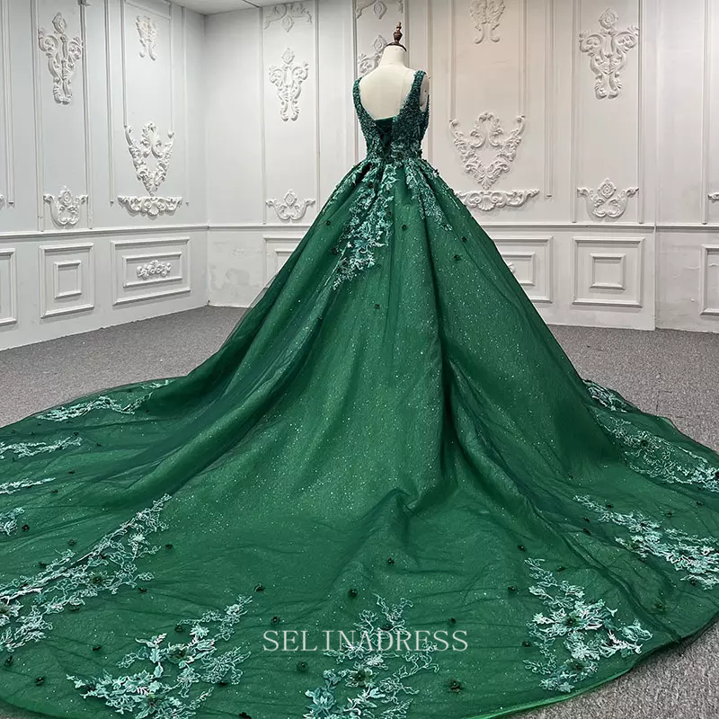 Crystal Flower Green Beaded Evening Party Dress Quincess Prom Gowns Dress LS9832 Selinadress