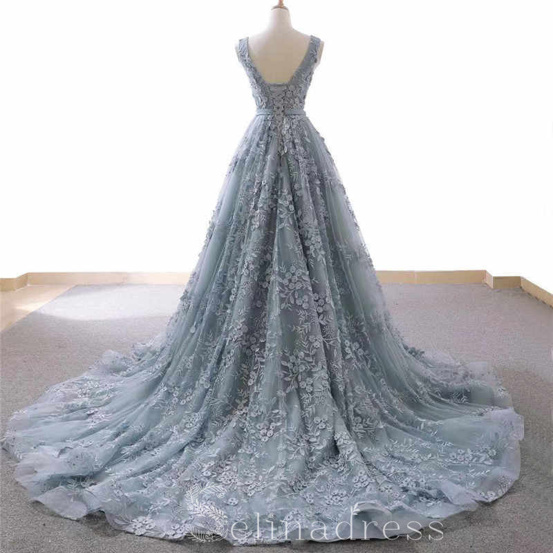 Custom Made V neck Dusty Blue Long Formal Gowns Sleeveless Evening Gowns With Floral Lace #SED213