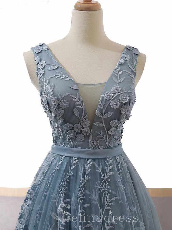 Custom Made V neck Dusty Blue Long Formal Gowns Sleeveless Evening Gowns With Floral Lace #SED213