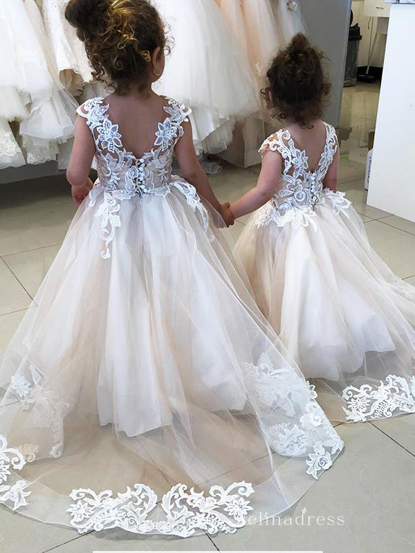 Cute Champagne Applique Princess Flower Girl Dresses With Train GRS034|Selinadress