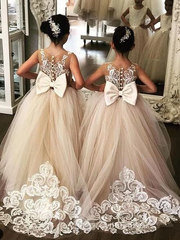 Cute Champagne Lace Princess Long Train Flower Girl Dresses With Bowkn SELINADRESS