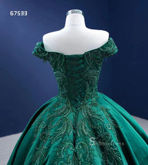 Dark Green Off-the-shoulder Ball Gown Beaded Quince Dresses Satin Foraml Dress RSM67533|Selinadress