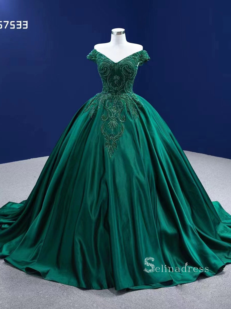 Dark Green Off-the-shoulder Ball Gown Beaded Quince Dresses Satin Foraml Dress RSM67533|Selinadress