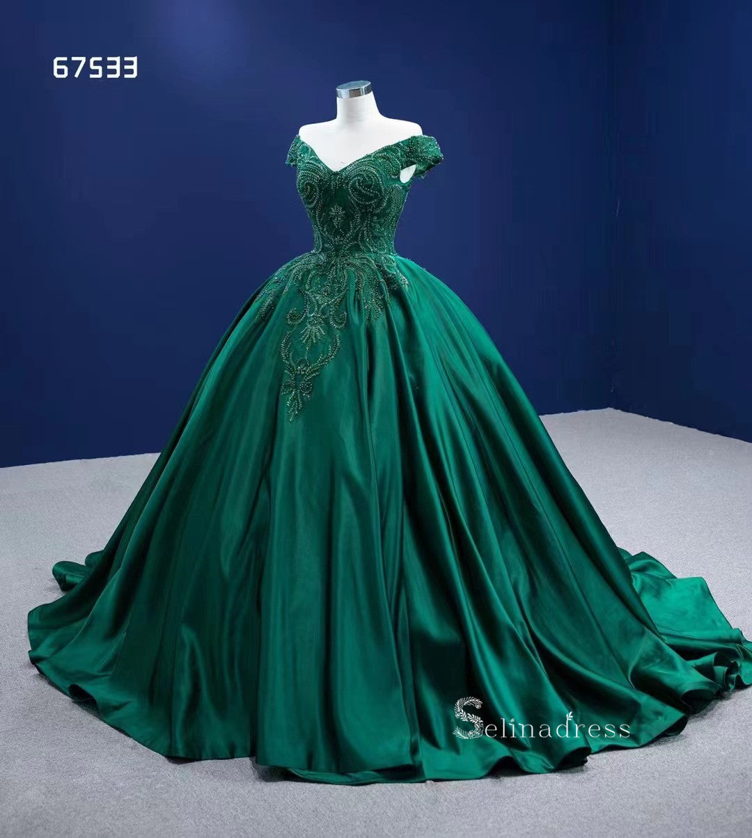 Dark Green Off-the-shoulder Ball Gown Beaded Quince Dresses Satin Foraml Dress RSM67533|Selinadress