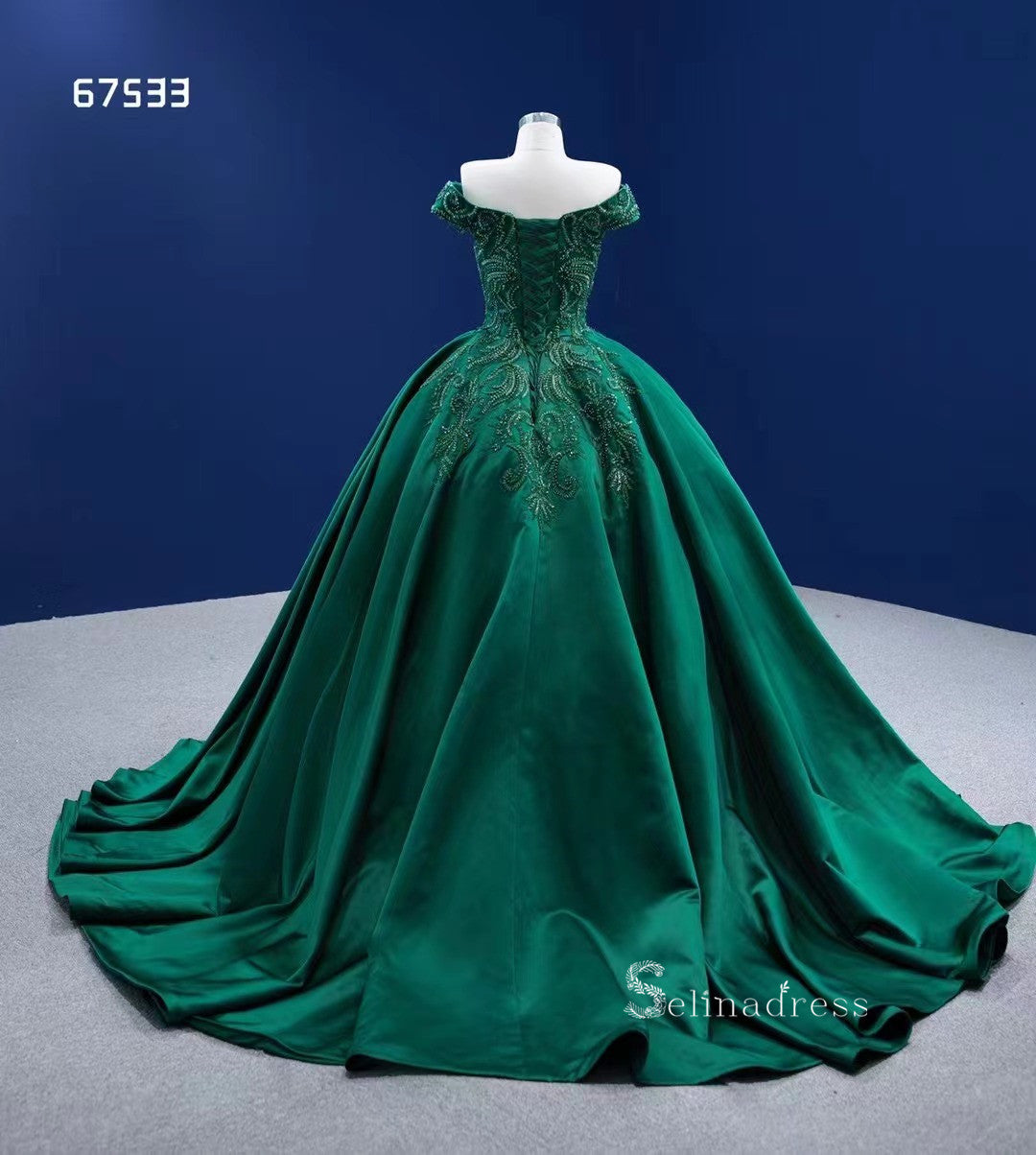 Dark Green Off-the-shoulder Ball Gown Beaded Quince Dresses Satin Foraml Dress RSM67533|Selinadress