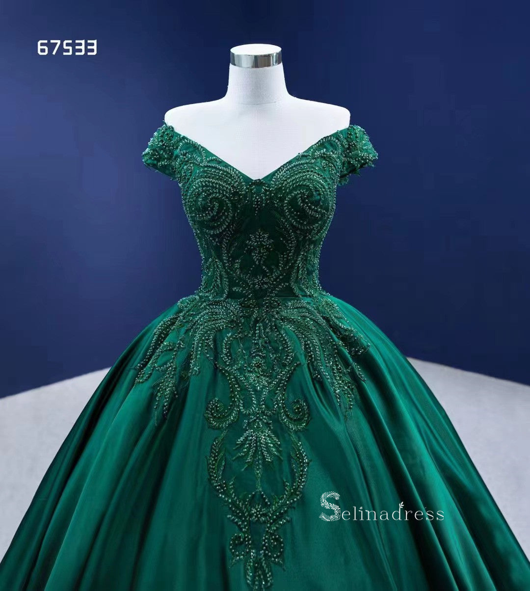 Dark Green Off-the-shoulder Ball Gown Beaded Quince Dresses Satin Foraml Dress RSM67533|Selinadress