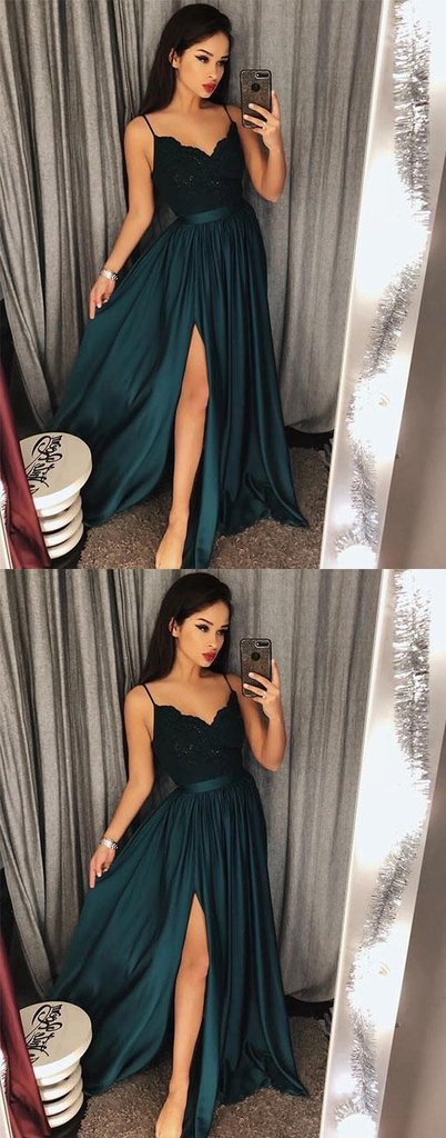 Dark Green Spaghetti Straps Chic Lace A line Prom Dresses  Long Formal Dress Evening Gowns SE006