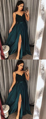 Dark Green Spaghetti Straps Chic Lace A line Prom Dresses  Long Formal Dress Evening Gowns SE006