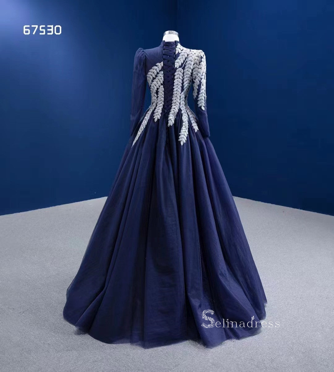 Dark Navy High Neck Ball Gown Modest Long Sleeve Formal Dresses RSM67530|Selinadress