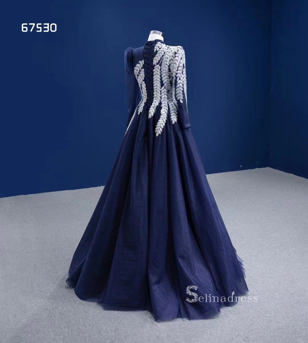 Dark Navy High Neck Ball Gown Modest Long Sleeve Formal Dresses RSM67530|Selinadress