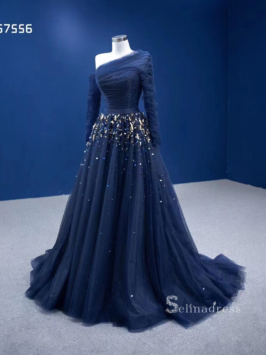 dark-navy-one-shoulder-long-sleeve-beaded-prom-dresses-tulle-evening-dress-rsm67556|Selinadress