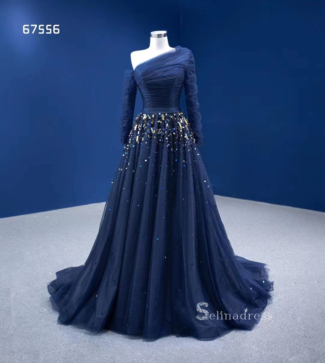 Dark Navy One Shoulder Long Sleeve Beaded Prom Dresses Tulle Evening Dress RSM67556