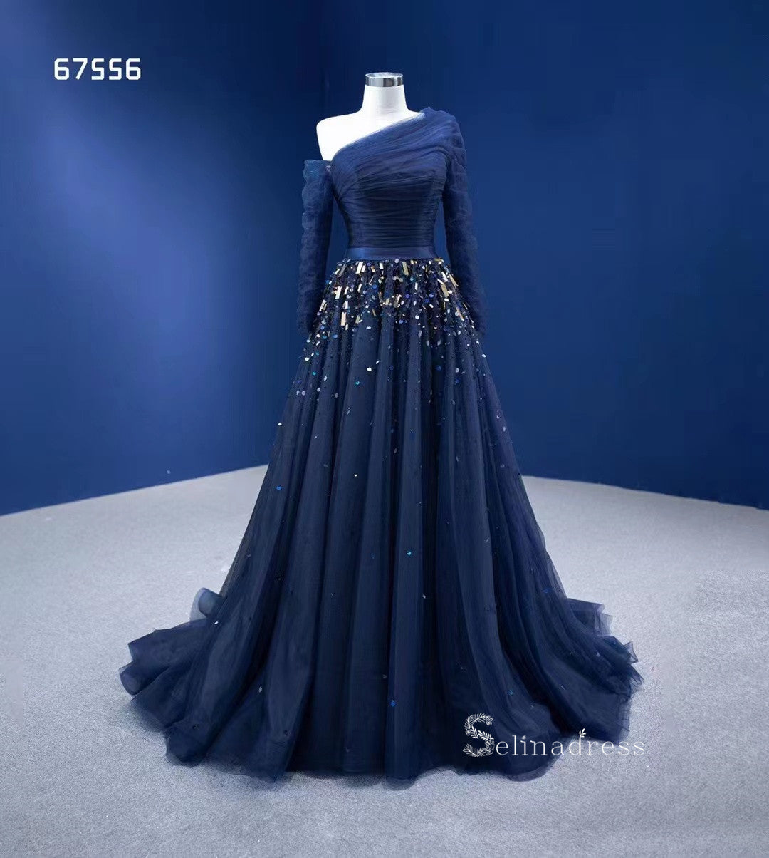 dark-navy-one-shoulder-long-sleeve-beaded-prom-dresses-tulle-evening-dress-rsm67556|Selinadress