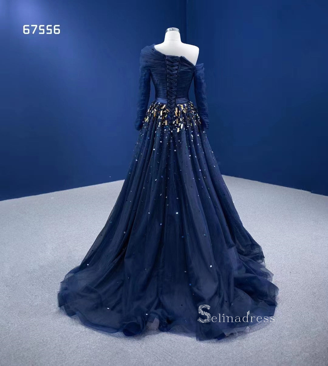 dark-navy-one-shoulder-long-sleeve-beaded-prom-dresses-tulle-evening-dress-rsm67556|Selinadress