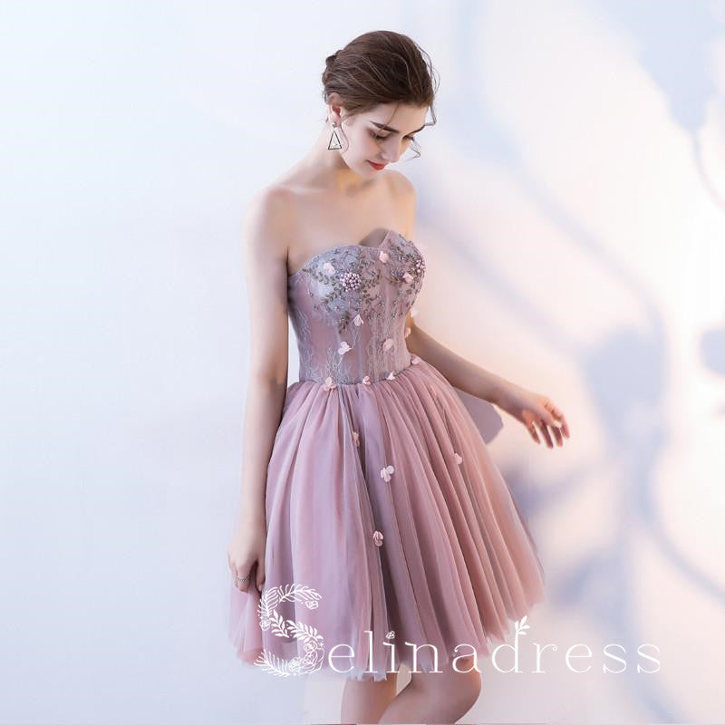 Dusty Pink Strapless Cute Short Homecoming Dresses Cocktail Dress MHL032