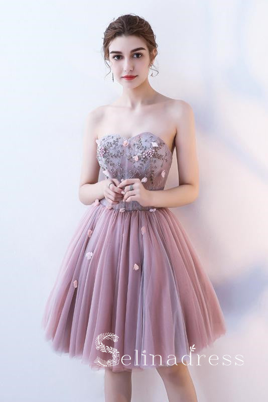 Dusty Pink Strapless Cute Short Homecoming Dresses Cocktail Dress MHL032