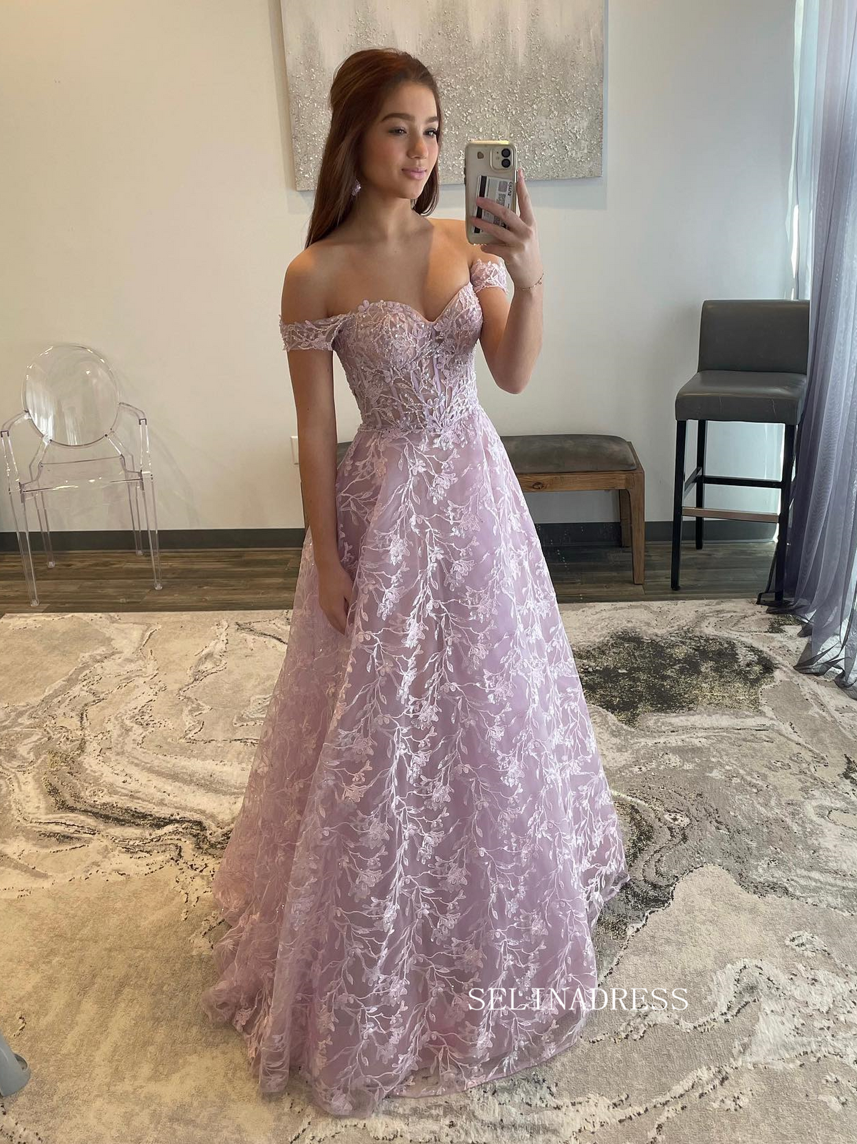 Elegant Off-the-shoulder Lace Long Prom Dress Lilac Formal Dress Evening Dress #JKP005