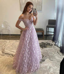 Elegant Off-the-shoulder Lace Long Prom Dress Lilac Formal Dress Evening Dress #JKP005