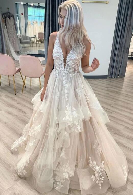 V neck Long Sleeve Lace Wedding Dresses Rustic Chiffon Wedding Dress SEW046  – SELINADRESS