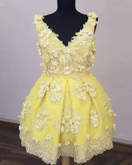 Elegant V Neck Homecoming Dresses Lace Flower Embroidery Short Prom Dress #MHL086