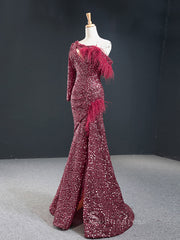 Feature Burgundy Mermaid One Shoulder Luxury Prom Dress Evening Gowns DWH67070|Selinadress