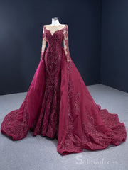 Feature Mermaid Long Sleeve Prom Dress Beaded Burgundy Evening Gowns DWH67250|Selinadress