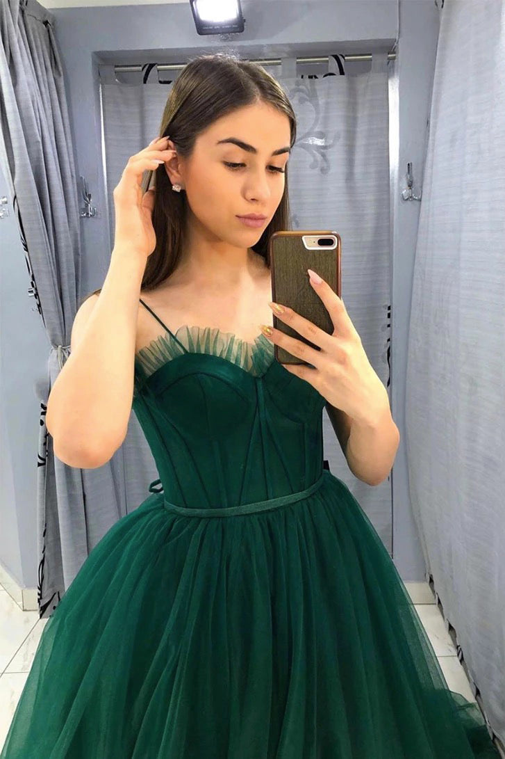 A Line Spaghetti Straps Sweetheart Sleeveless Long Green Tulle Prom Dress Evening Gown GRD007