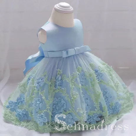 Light Sky Blue Lovely Big Bow Modest Wedding Little Girl Flower Girl Dresses GRS007|Selinadress