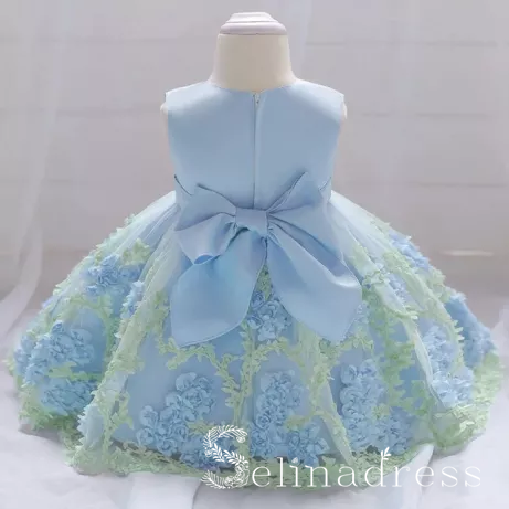 Light Sky Blue Lovely Big Bow Modest Wedding Little Girl Flower Girl Dresses GRS007|Selinadress