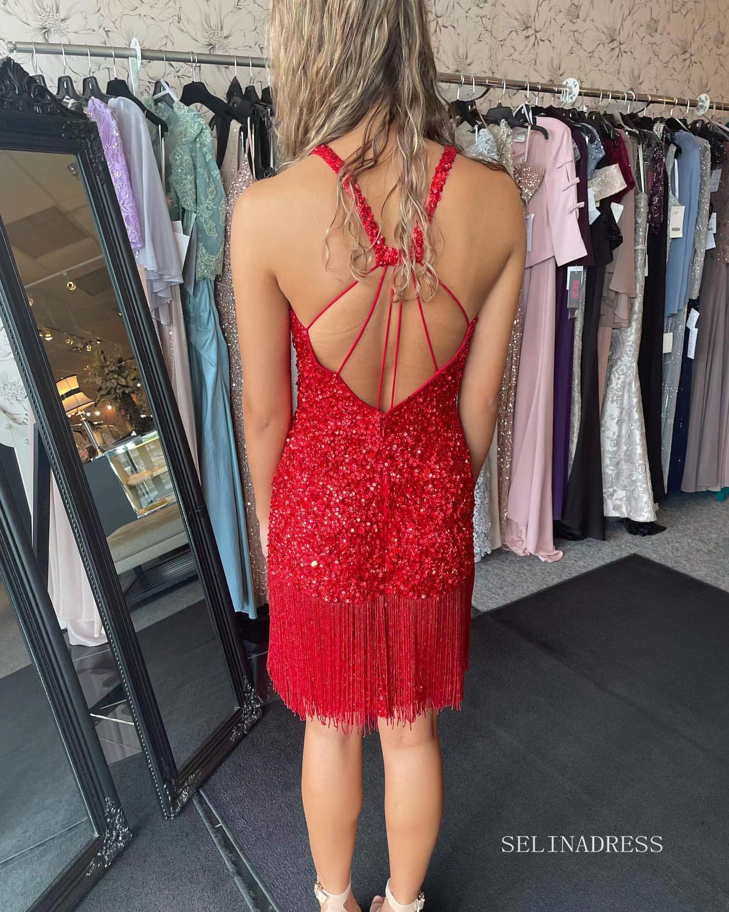 Glittery Bodycon Red Homecoming Dresses Sequins Mini Cocktail Dresses #TKL021|Selinadress