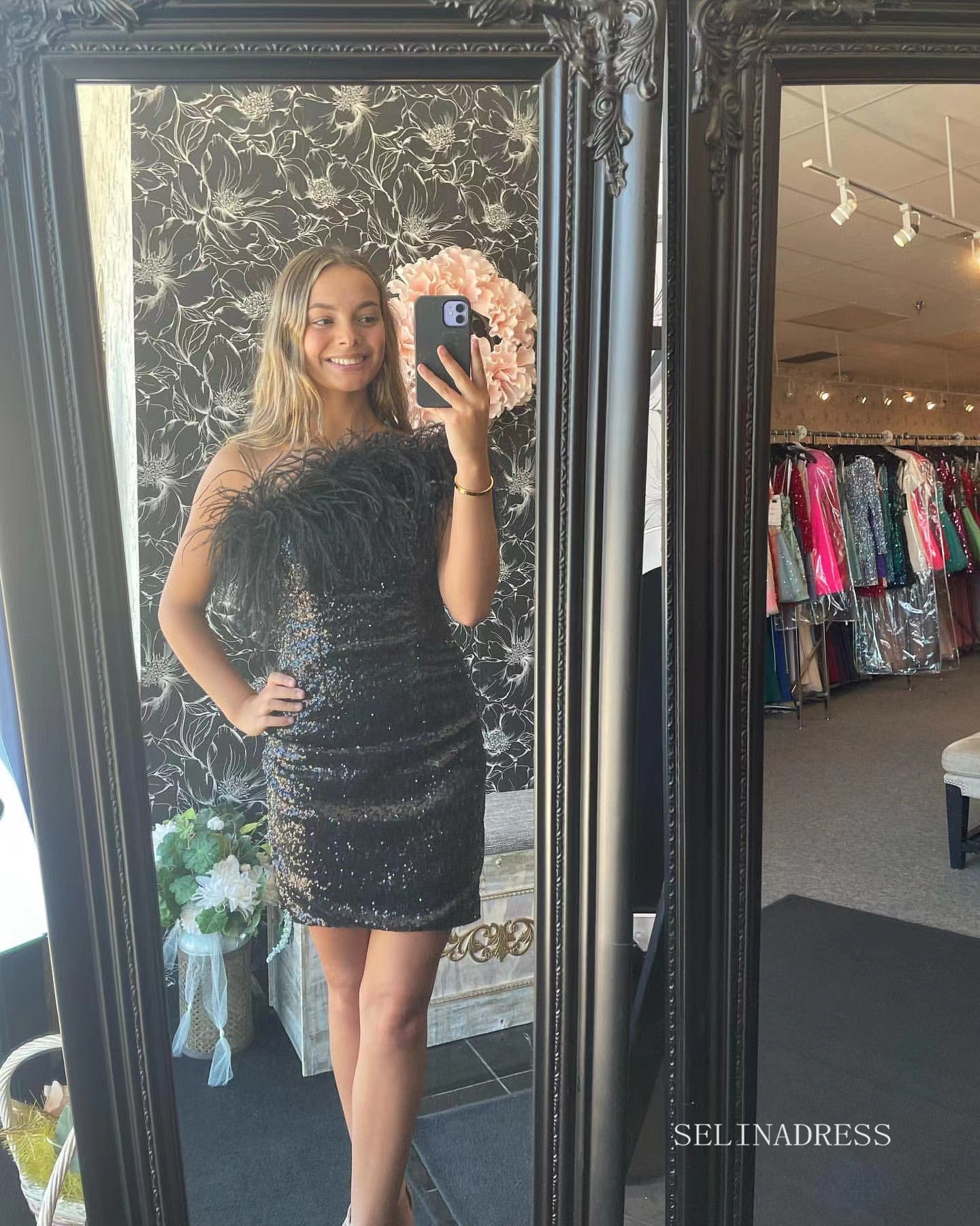 Glittery Sequins Bodycon Homecoming Dresses 2022 One Shoulder Black Mini Cocktail Dresses #TKL008