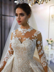 High Neck Detachable Train Mermaid Wedding Dresses With Long Sleeve Bridal Gowns CBD392|Selinadress