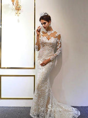 High Neck Detachable Train Mermaid Wedding Dresses With Long Sleeve Bridal Gowns CBD392|Selinadress