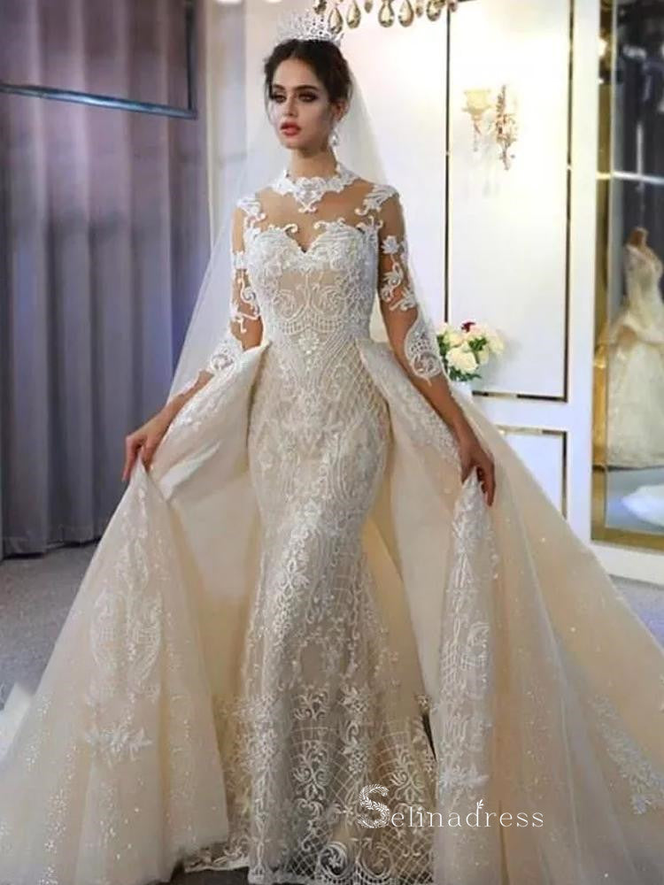 High Neck Detachable Train Mermaid Wedding Dresses With Long Sleeve Bridal Gowns CBD392|Selinadress