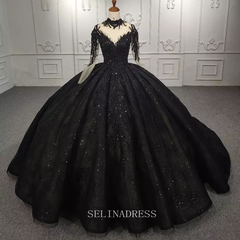 High Neck Long Sleeve Black Beaded Princess Ball Gown Elegant Evening Dress Formal Dress DY9979 Selinadress