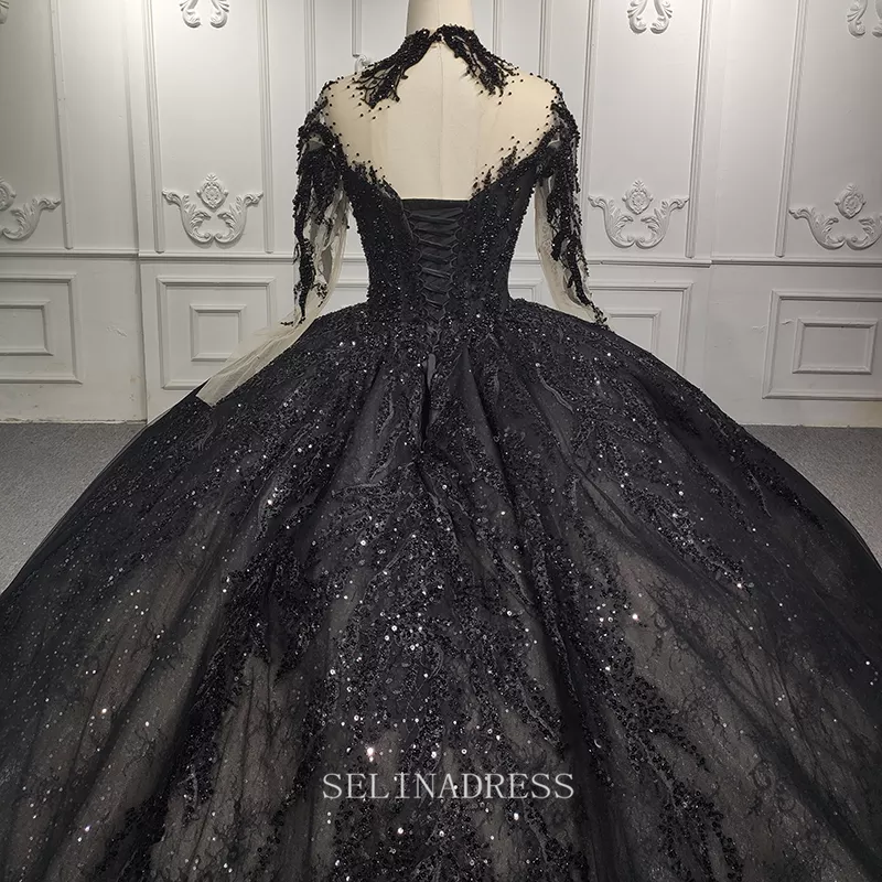 High Neck Long Sleeve Black Beaded Princess Ball Gown Elegant Evening Dress Formal Dress DY9979 Selinadress