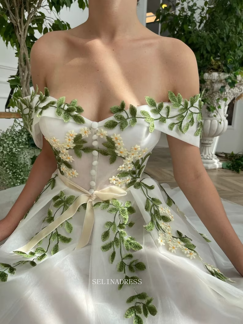 Ivy Leaf Floral Wedding Dress Tea Length Off The Shoulder Prom Dresses Princess Evening Gowns POL016|Selinadress