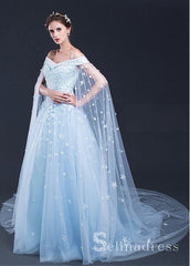 Ligh Sky Blue Long Prom Dresses Off Shoulder Applique Cheap Foraml Dress SED108