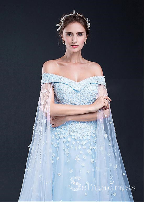 Ligh Sky Blue Long Prom Dresses Off Shoulder Applique Cheap Foraml Dress SED108