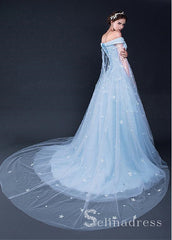 Ligh Sky Blue Long Prom Dresses Off Shoulder Applique Cheap Foraml Dress SED108