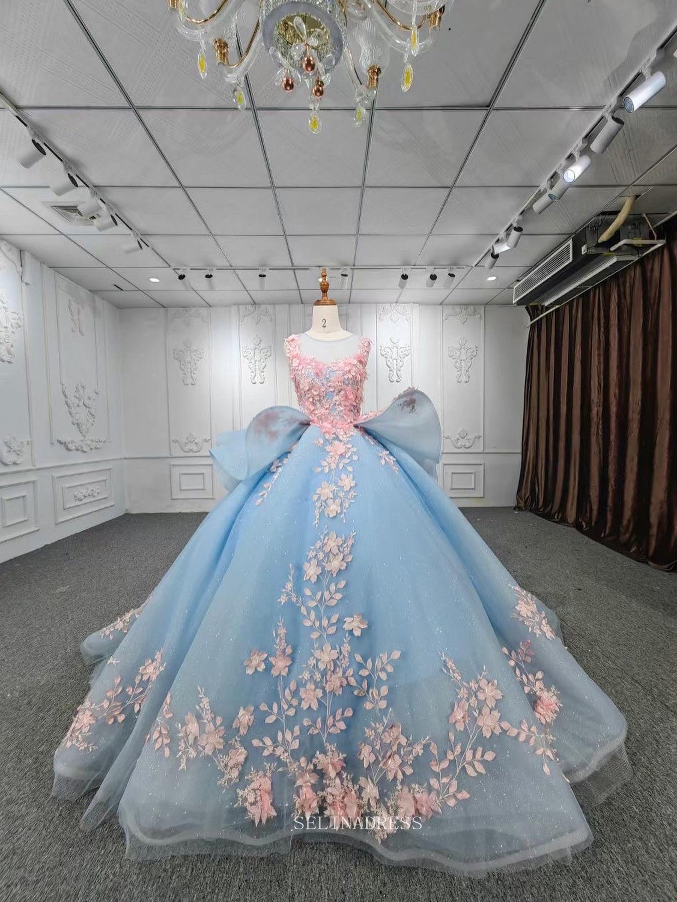 Light Sky Blue Ball Gown Long Formal Dress Pink 3D Floral Quinceanera Dresses MLH06987